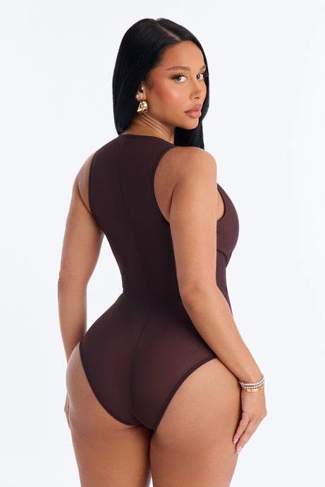 Power Mesh Deep V Neck Sleeveless Bodysuit - Chocolate