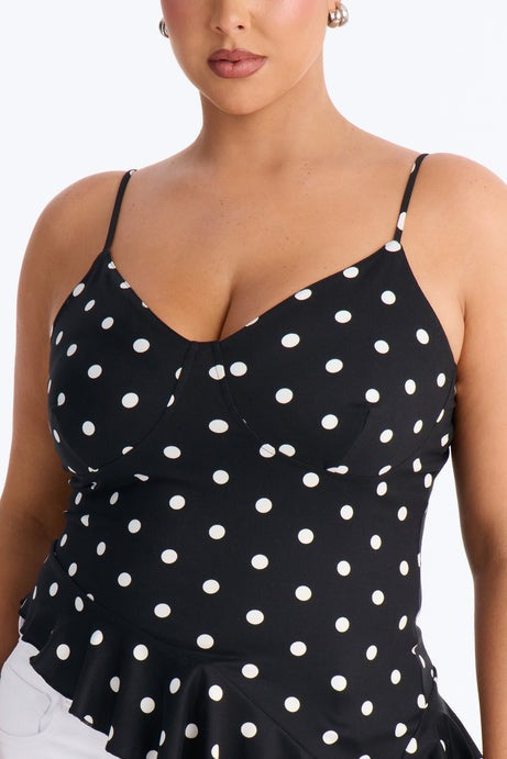 Bailey Polka Dot Asymmetrical Ruffle Top - Black/combo