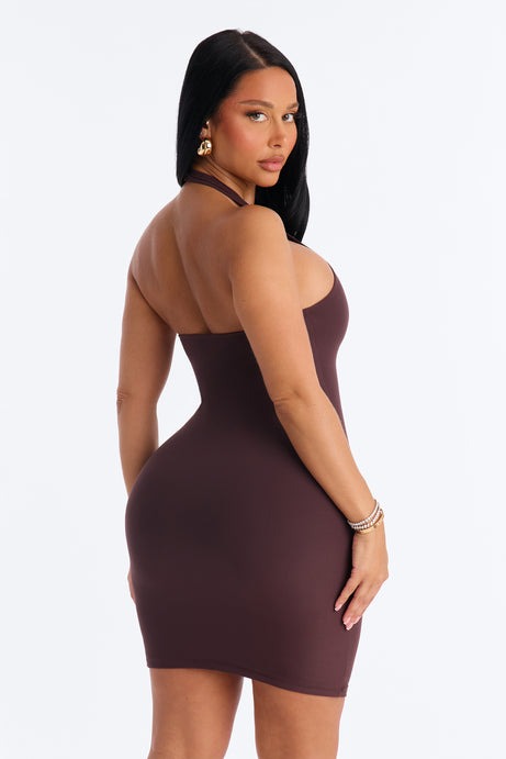 Second Skin Bra Pad Sleeveless Halter Mini Dress - Chocolate