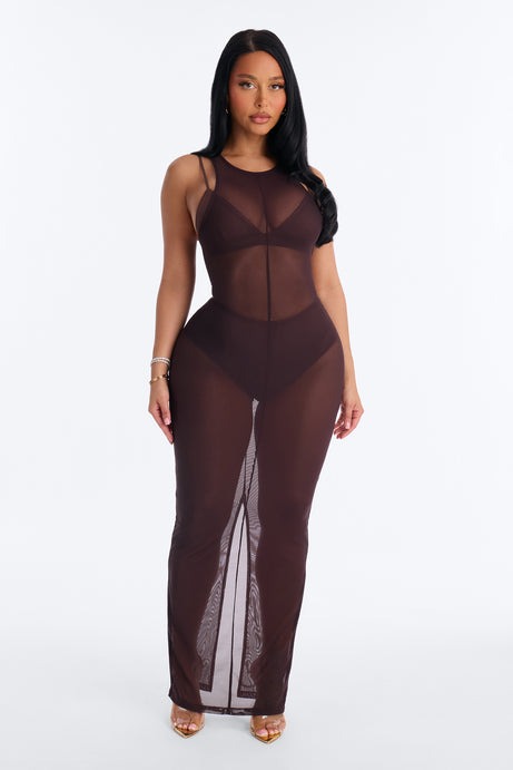 Power Mesh Sleeveless 3 Piece Maxi Dress Set - Chocolate