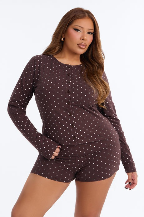Madeline Polka Dot Button Up Knit Top - Brown/combo