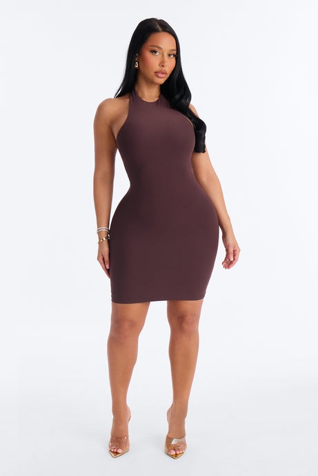 Second Skin Bra Pad Sleeveless Halter Mini Dress - Chocolate