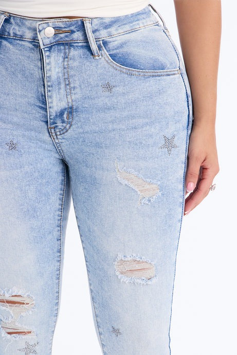 Super Stars High Rise Ripped Skinny Jeans - Light Wash
