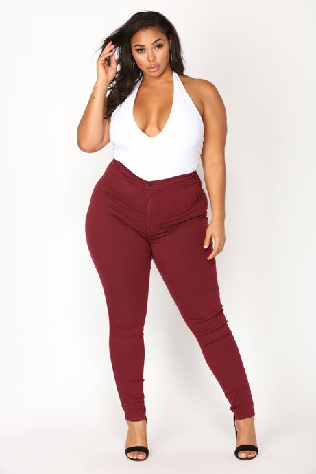 Super High Waist Denim Skinnies - Burgundy