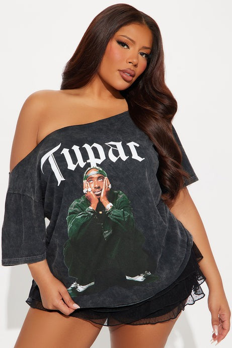 Tupac Off Shoulder Washed Tee - Black