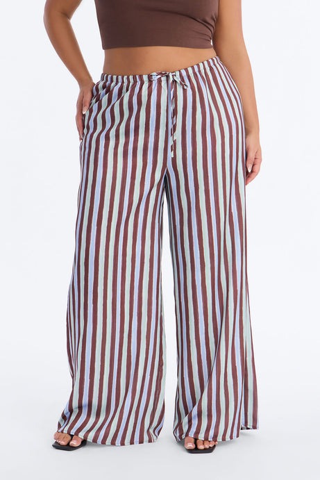 Vienna Mid Rise Satin Wide Leg Pant - Blue/combo