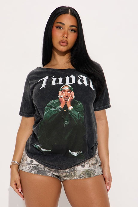 Tupac Off Shoulder Washed Tee - Black