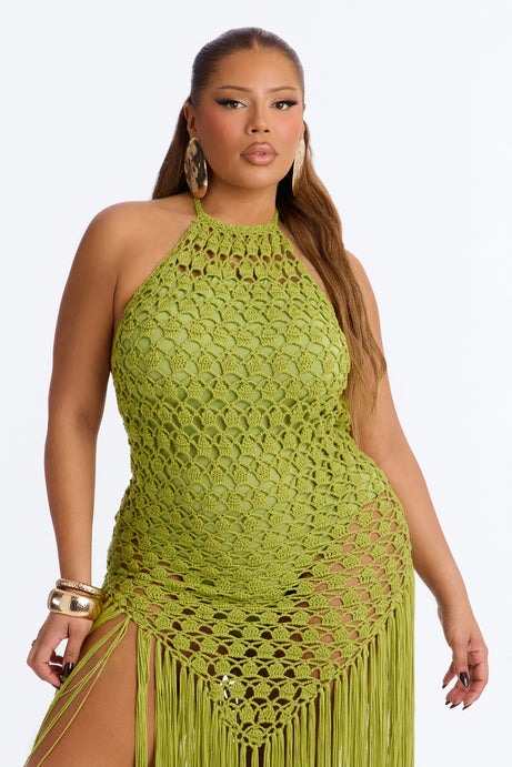 Heatwave Fringe Crochet Maxi Dress - Chartreuse
