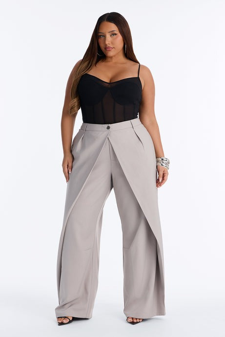 Margaret Solid Wide Leg Front Wrap Trouser Pant - Light Grey