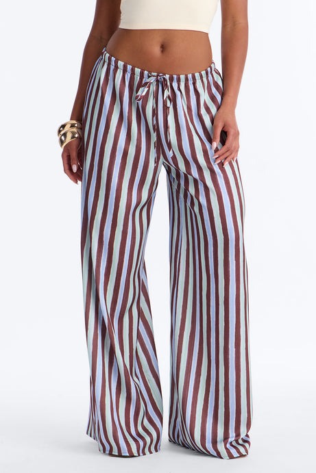 Vienna Mid Rise Satin Wide Leg Pant - Blue/combo