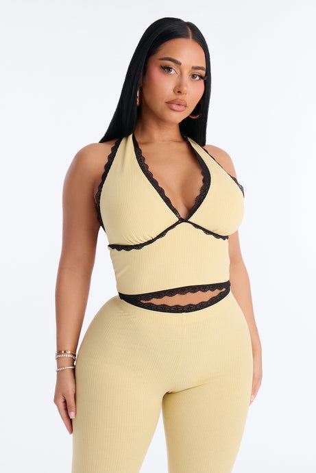 Your's Truly Halter Laced Ribbed Capri Set - Yellow/combo