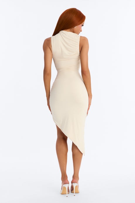Second Skin Double Lined Ruched Slit Midi Dress - Bone