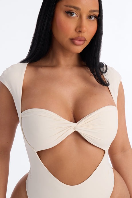 Second Skin Double Lined Cut Out Cap Sleeve Bodysuit - Bone