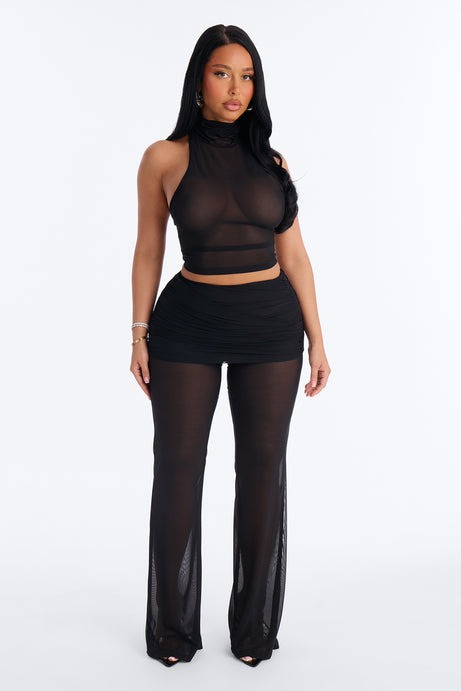 Power Mesh High Neck Thin Racerback Sleeveless Top - Black