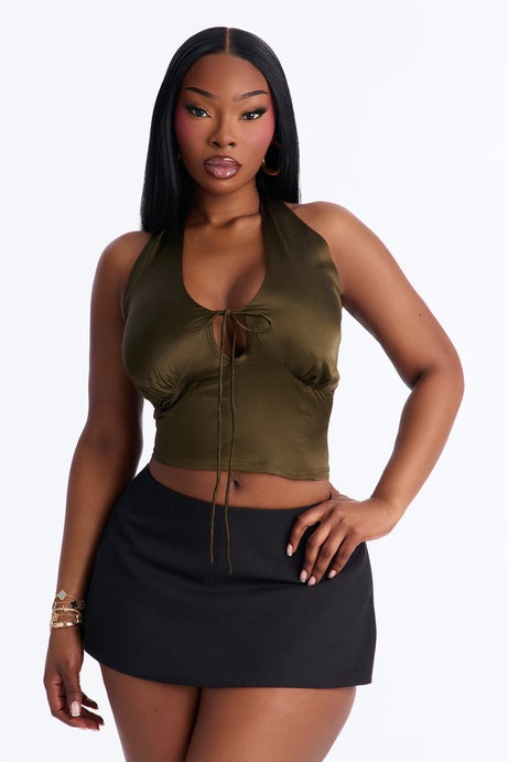 Midnight Mischief Tie Front Satin Halter Top - Dark Olive