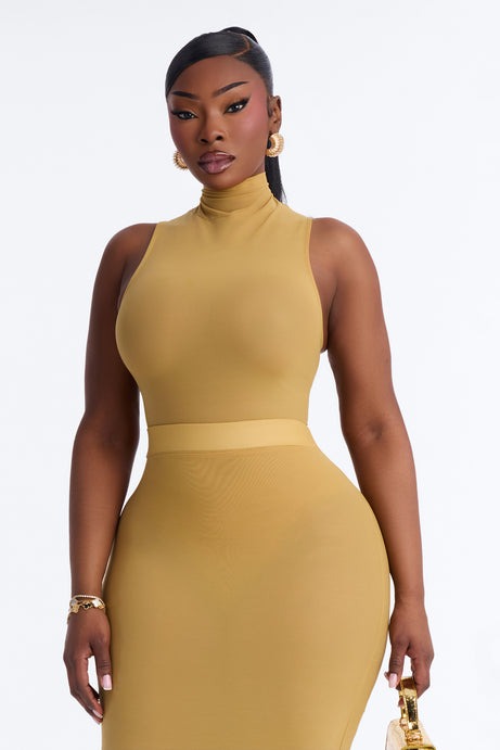 Power Mesh Turtle Neck Sleeveless Bodysuit - Honey