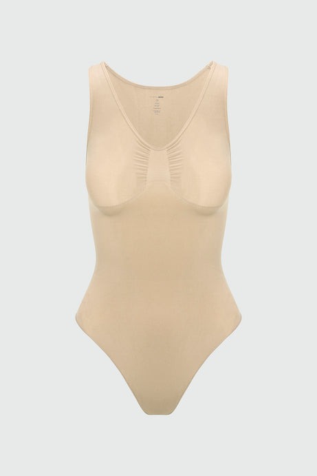 Nova Sculpt Seamless Strong Compression Scoop Neck Thong Bodysuit - Sand