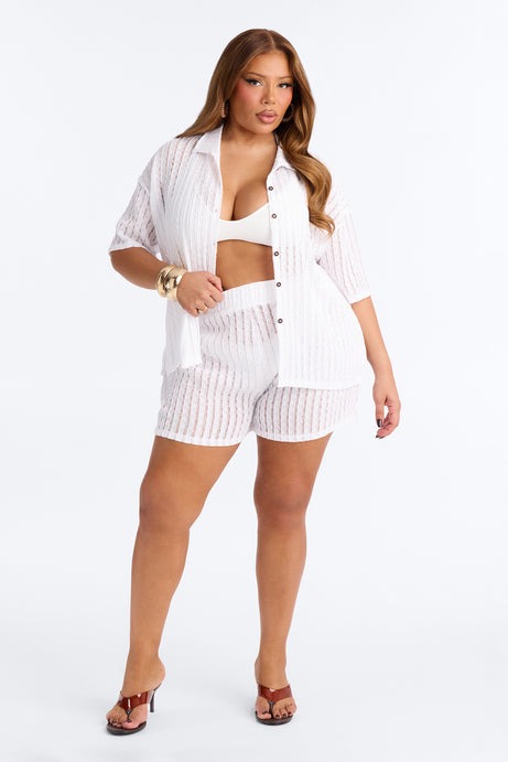 Seaside Vacation Button Up Cover Up Shorts Set - White