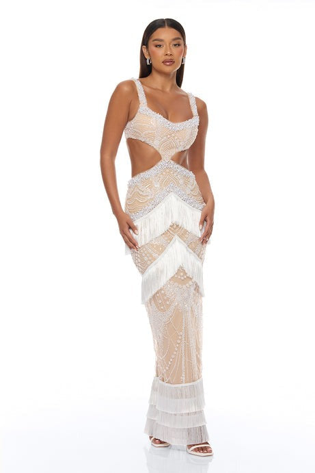 Daisy Embellished Cut Out Gown - Nude/combo