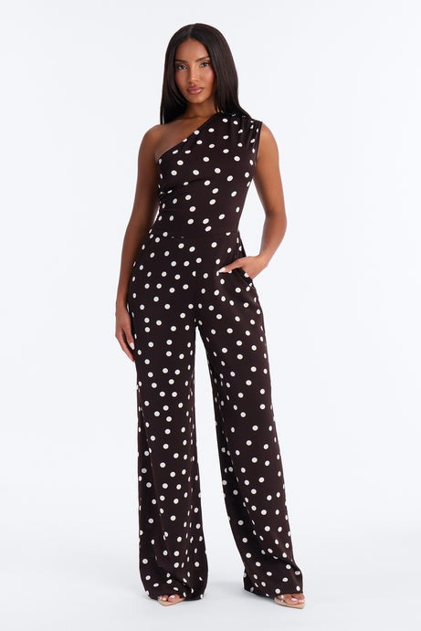 Penni Polka Dot One Shoulder Jumpsuit - Chocolate