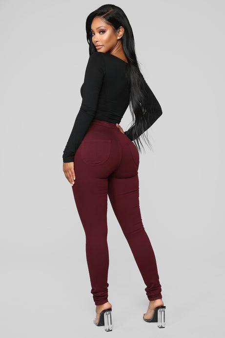 Super High Waist Denim Skinnies - Burgundy