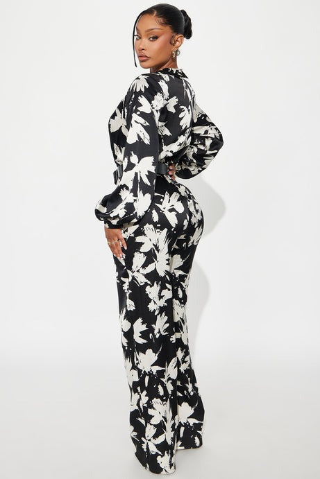 Nohely Satin Belted Jumpsuit - Black/White