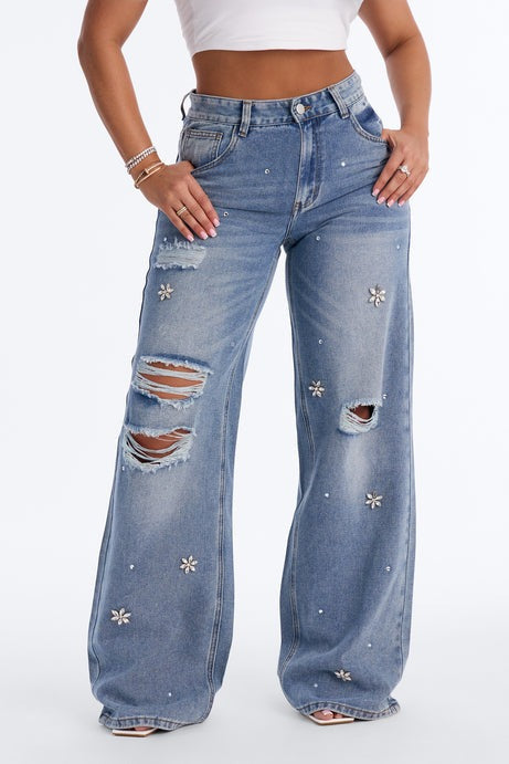 Always Delicate Floral Embellished Wide Leg Jeans - Medium Wash
