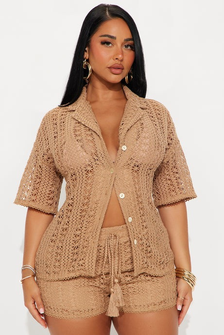Meet At Dusk Crochet Short Set - Taupe
