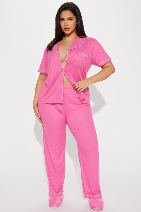 Chill Vibes Only Ribbed PJ Pant Set - Hot Pink/combo