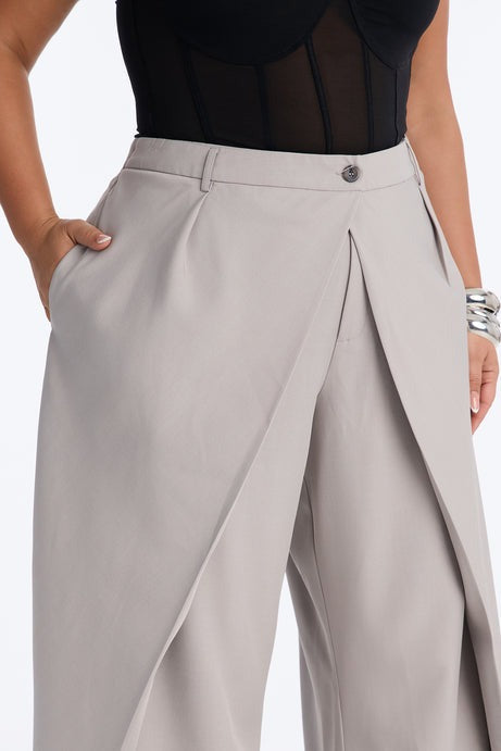 Margaret Solid Wide Leg Front Wrap Trouser Pant - Light Grey