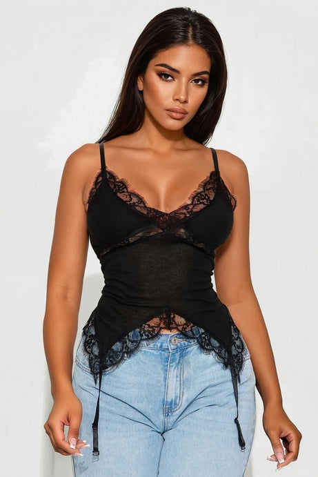 Monroe Lace Trim V-Neck Top - Black