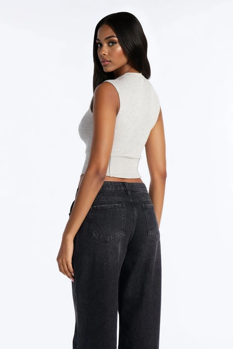 Bold Intent Crew Neck Corset Sleeveless Top - Heather Grey