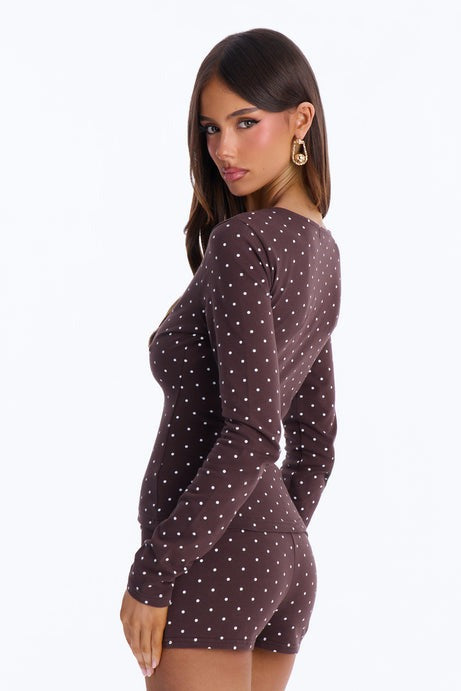 Madeline Polka Dot Button Up Knit Top - Brown/combo