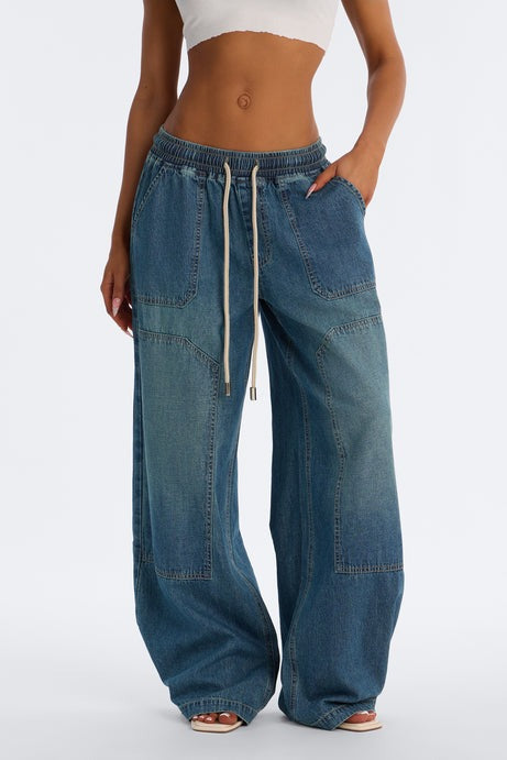 Around The World Linen Blend Pull On Jeans - Dark Wash