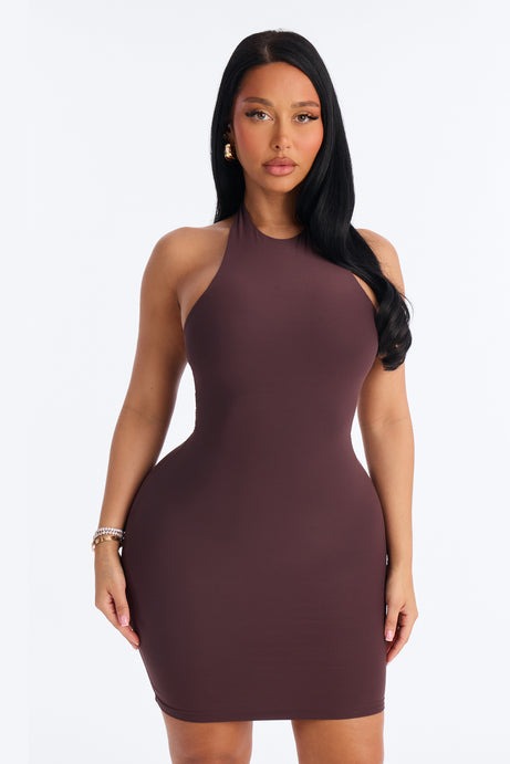 Second Skin Bra Pad Sleeveless Halter Mini Dress - Chocolate