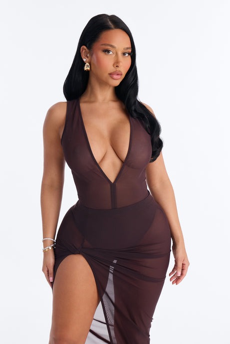 Power Mesh Deep V Neck Sleeveless Bodysuit - Chocolate