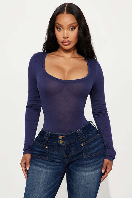 Marlene Scoop Neck Long Sleeve Bodysuit - Navy