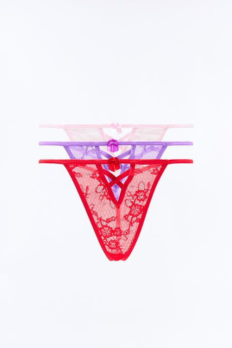 3 Pack Caged Bow Lace G-String Panties - Lavender/combo