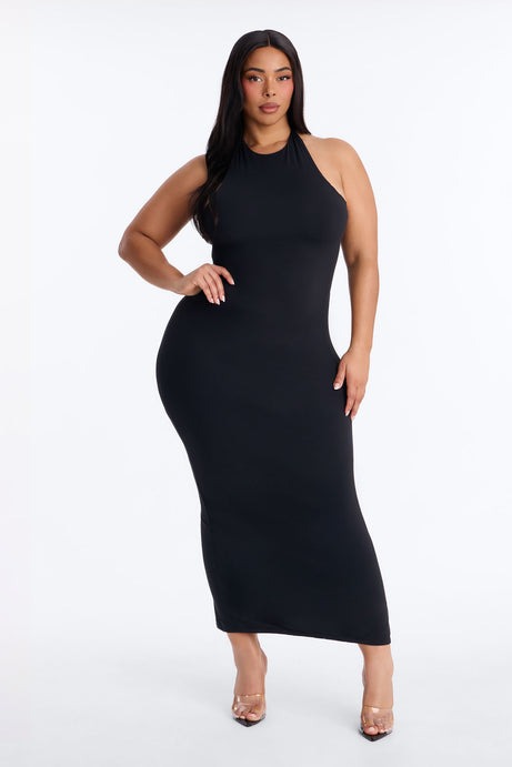 Second Skin Bra Pad Sleeveless Halter Maxi Dress - Black