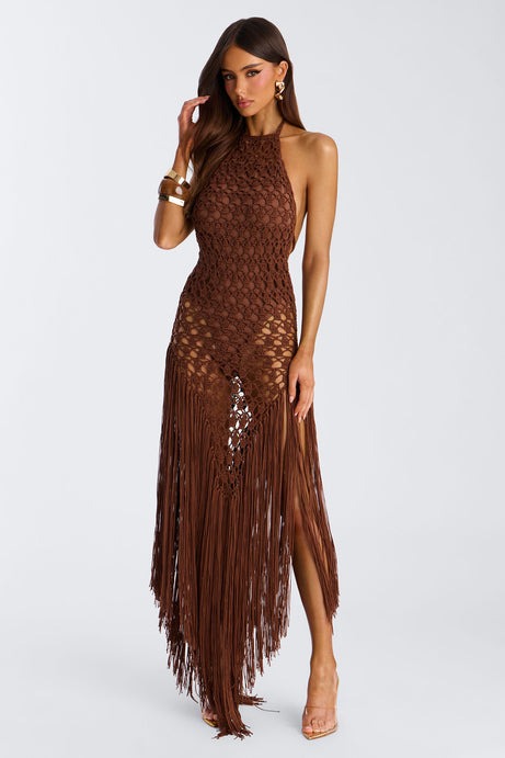 Heatwave Fringe Crochet Maxi Dress - Chocolate