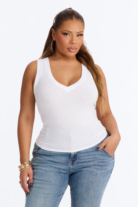 Lena Ribbed V Neck Tank Top - White