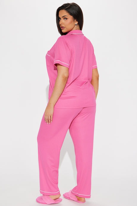 Chill Vibes Only Ribbed PJ Pant Set - Hot Pink/combo