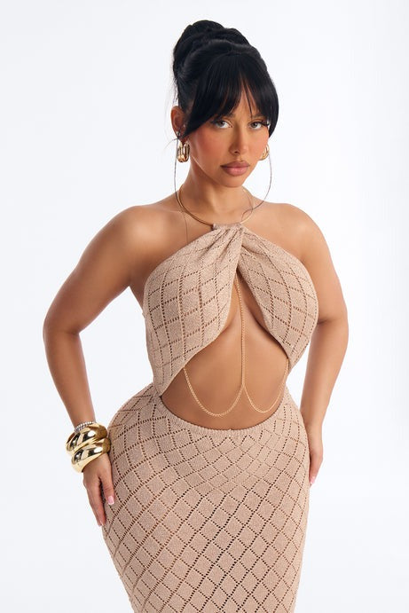 Island It Girl Metallic Crochet Maxi Dress - Taupe