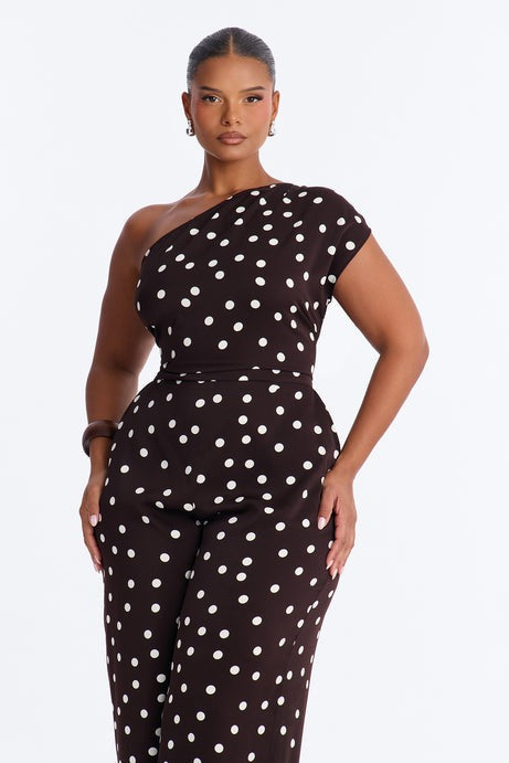 Penni Polka Dot One Shoulder Jumpsuit - Chocolate