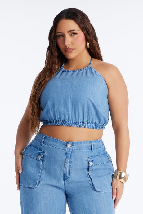 Renee Chambray Halter Pant Set - Blue