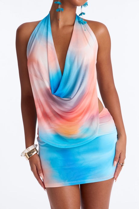 Ocean Eyes Halter Mesh Mini Dress - Blue/combo