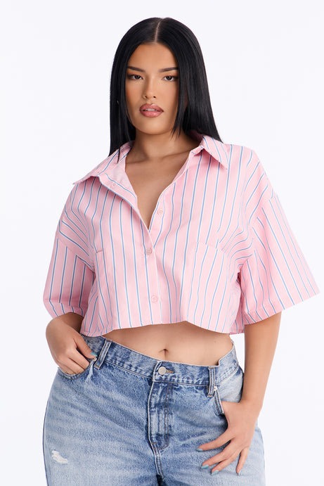 Aubrey Cropped Button Up Shirt - Pink/combo