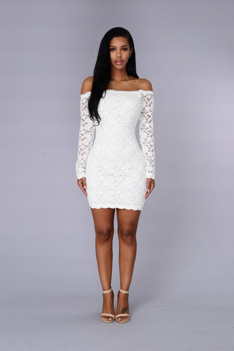Off Shoulder Lace Bodycon Dress - White