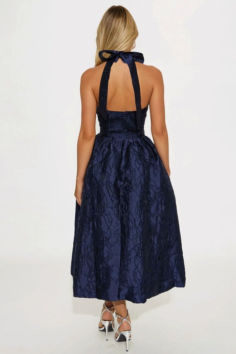 Keep You Enchanted Jacquard Halter Midi Dress - Navy