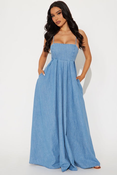 Hallie Denim A Line Maxi Dress - Medium Wash